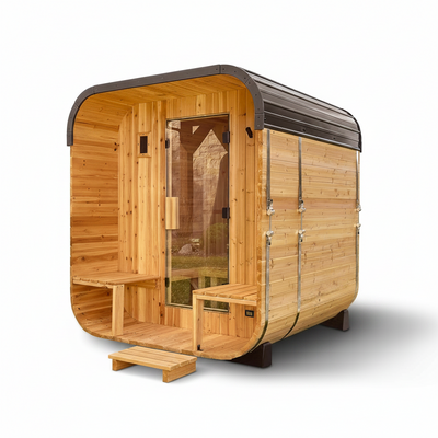 Lennon 2-4 Person Traditional Cedar Outdoor Cube Sauna with Porch, Electric Sauna Heater, Sauna Rocks, Dry Heat, Steam Sauna, LED Lights, Wi-Fi Control, Sauna Accessories