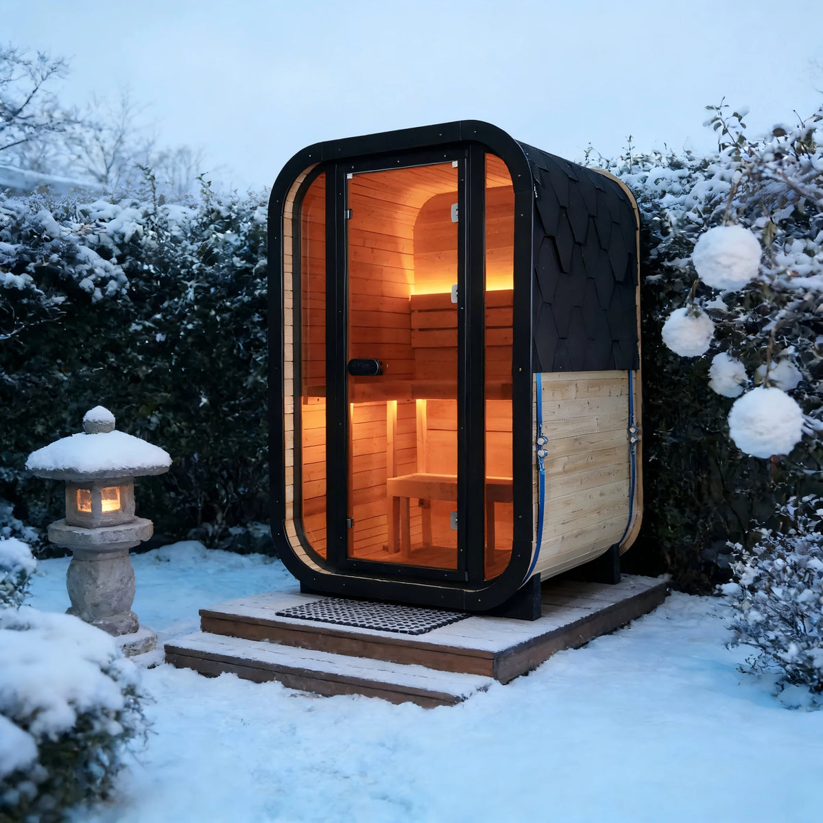 1-2 Person Outdoor Traditional Steam Sauna, Weatherproof Square Sauna Cabin with Black Trim, Natural Spruce Wood Sauna Room, LED Strip & Panoramic Glass Door, for Backyard Garden Home Spa, Relaxation