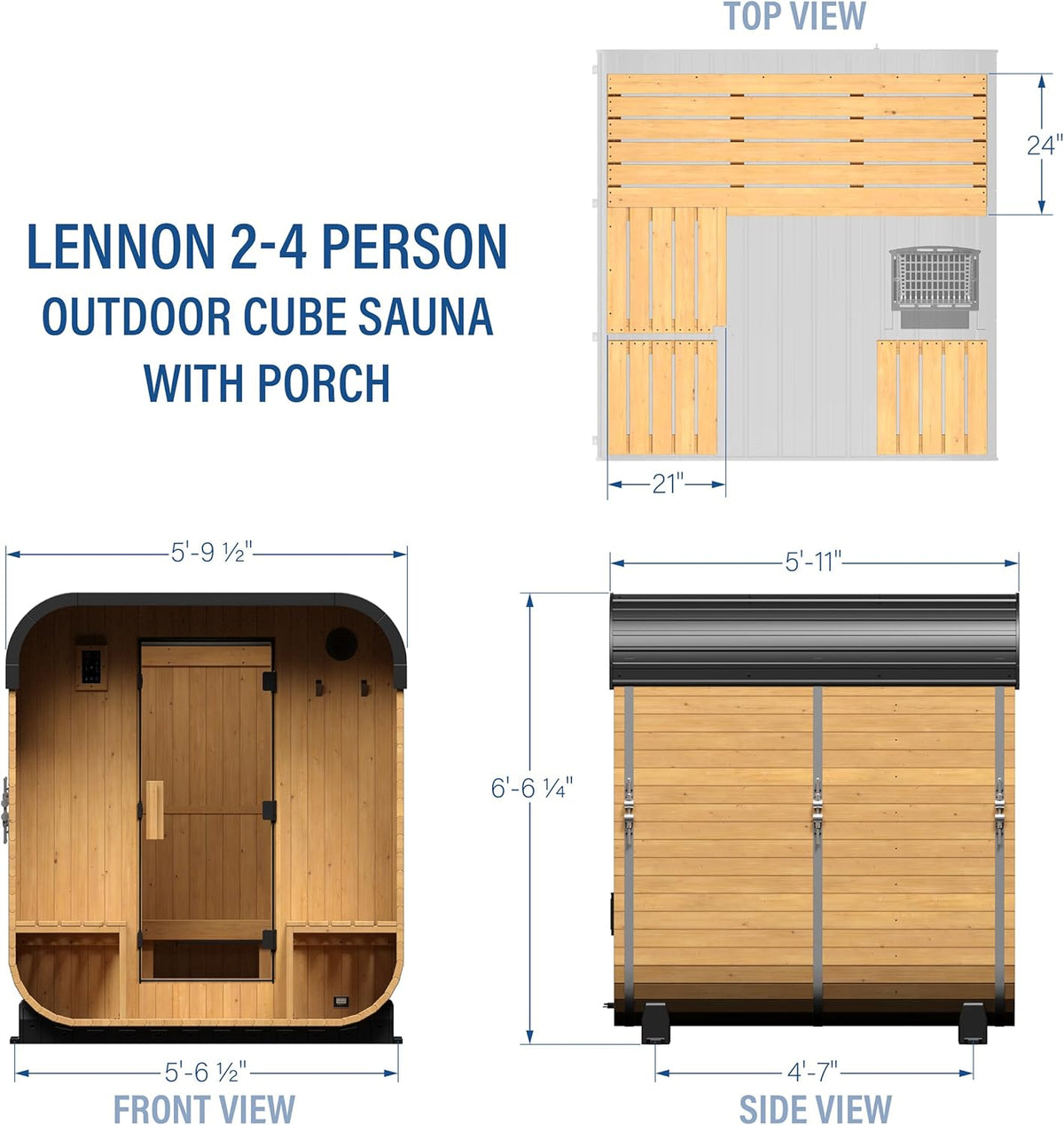 Lennon 2-4 Person Traditional Cedar Outdoor Cube Sauna with Porch, Electric Sauna Heater, Sauna Rocks, Dry Heat, Steam Sauna, LED Lights, Wi-Fi Control, Sauna Accessories — product view 2