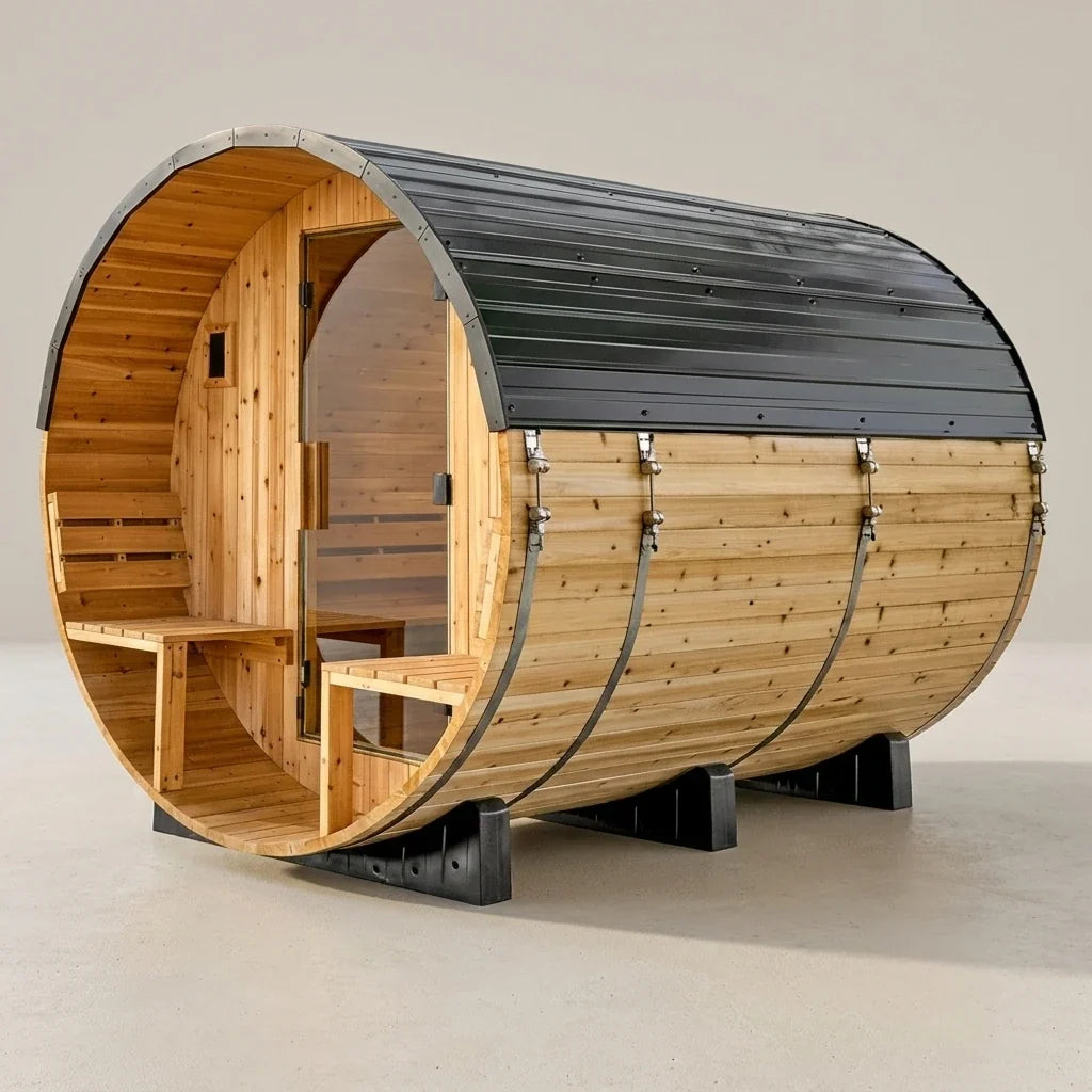 Outdoor Barrel Sauna Built for Home Wellness, Cedar Construction, 9kW Electric Heater, WiFi Control Panel