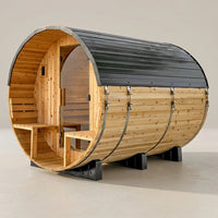 Outdoor Barrel Sauna Built for Home Wellness, Cedar Construction, 9kW Electric Heater, WiFi Control Panel