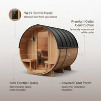 Outdoor Barrel Sauna Built for Home Wellness, Cedar Construction, 9kW Electric Heater, WiFi Control Panel — product view 2