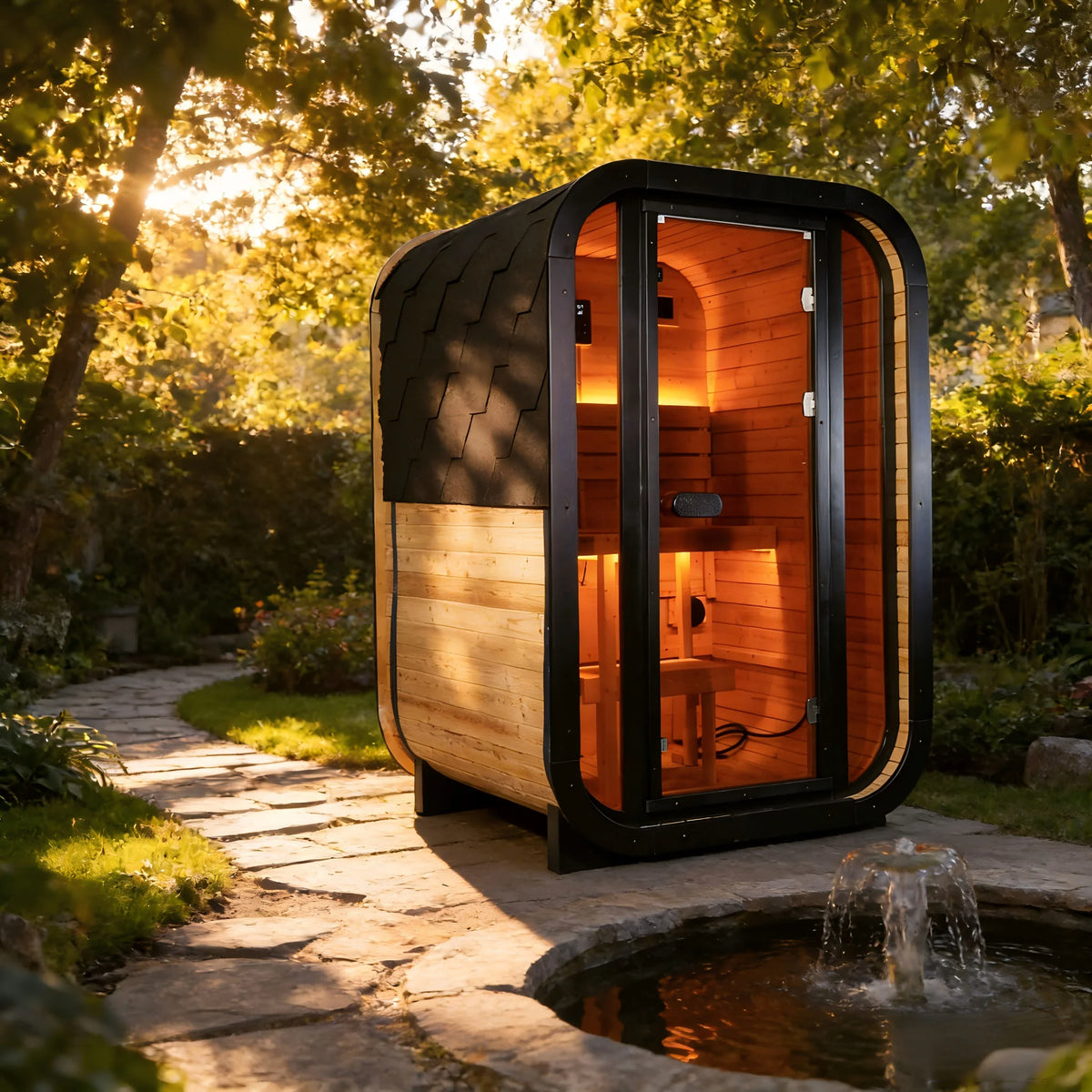 1-2 Person Outdoor Traditional Steam Sauna, Weatherproof Square Sauna Cabin with Black Trim, Natural Spruce Wood Sauna Room, LED Strip & Panoramic Glass Door, for Backyard Garden Home Spa, Relaxation
