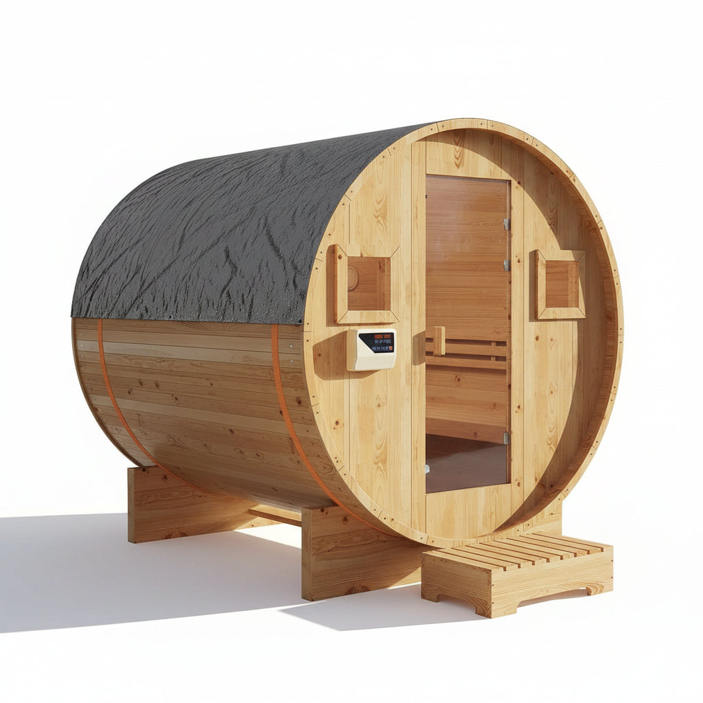 Outdoor Barrel Sauna Built for 4-6 People, 6KW Electric Heater, Solid Wood Construction, 220V Power