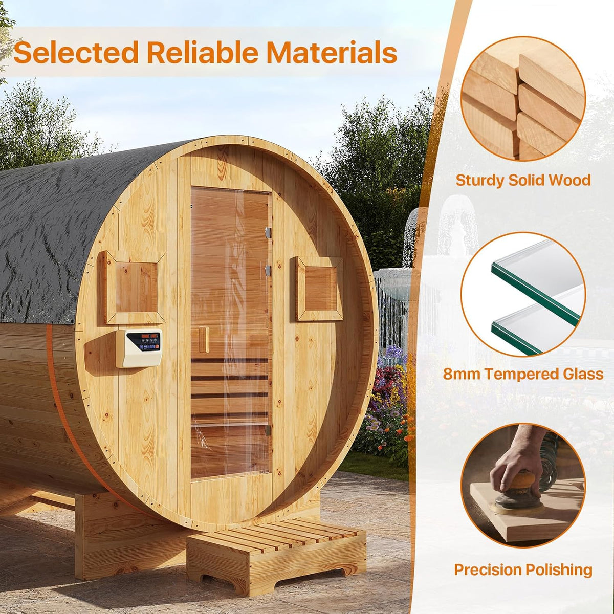 Outdoor Barrel Sauna Built for 4-6 People, 6KW Electric Heater, Solid Wood Construction, 220V Power — product view 3