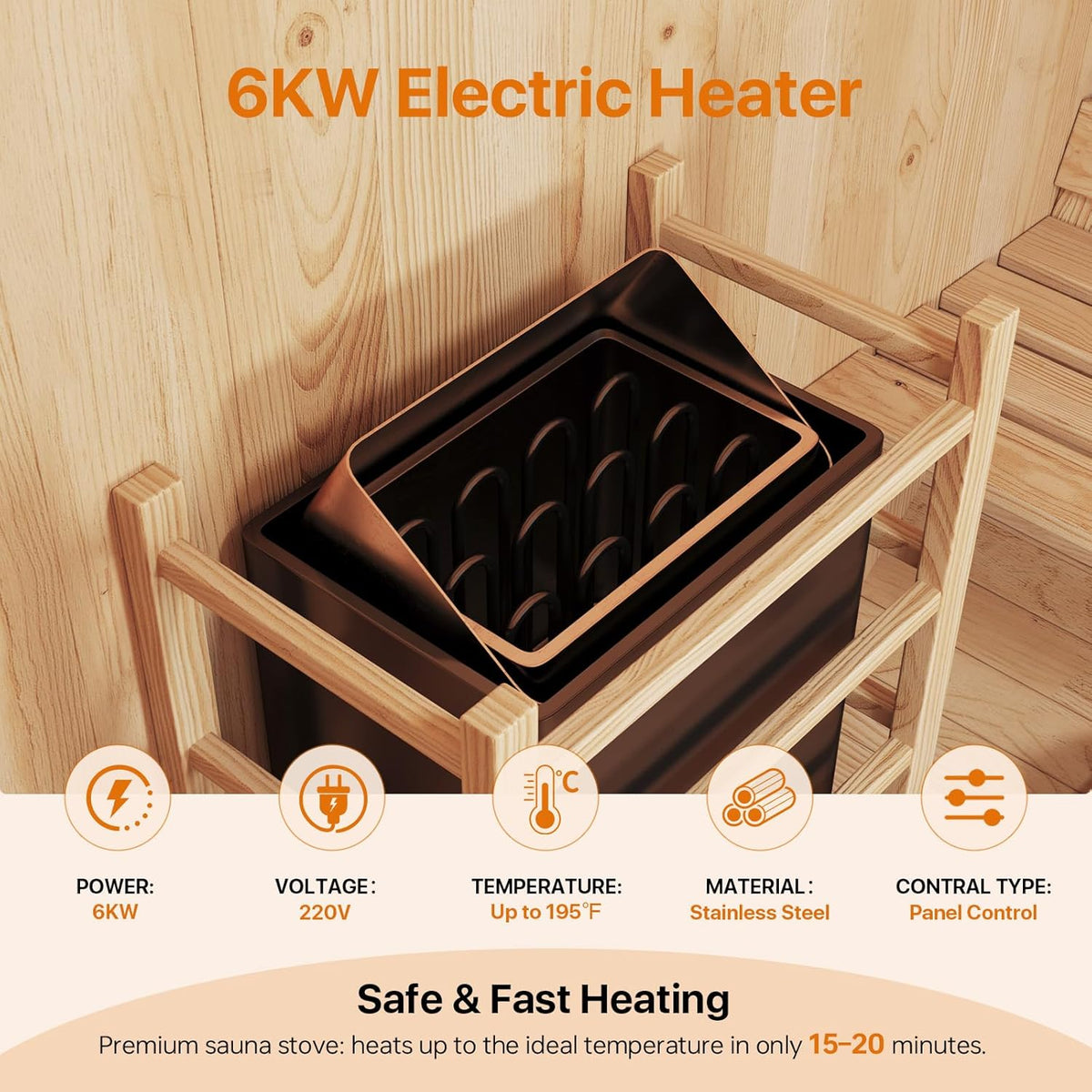 Outdoor Barrel Sauna Built for 4-6 People, 6KW Electric Heater, Solid Wood Construction, 220V Power — product view 4