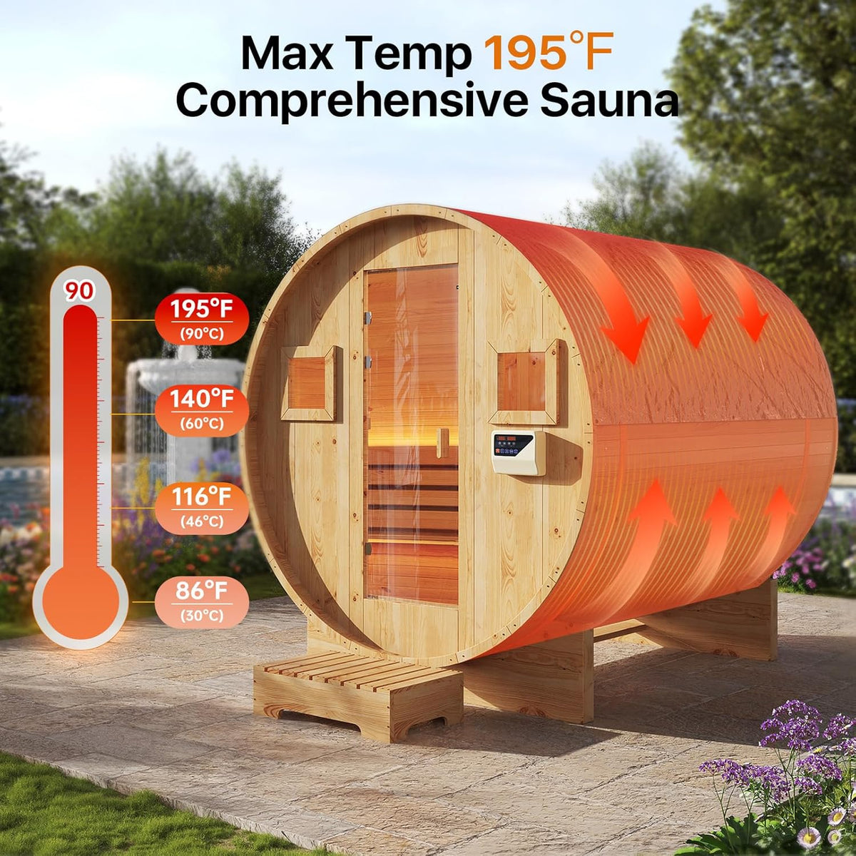 Outdoor Barrel Sauna Built for 4-6 People, 6KW Electric Heater, Solid Wood Construction, 220V Power — product view 5