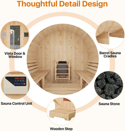 Outdoor Barrel Sauna Built for 4-6 People, 6KW Electric Heater, Solid Wood Construction, 220V Power — product view 6
