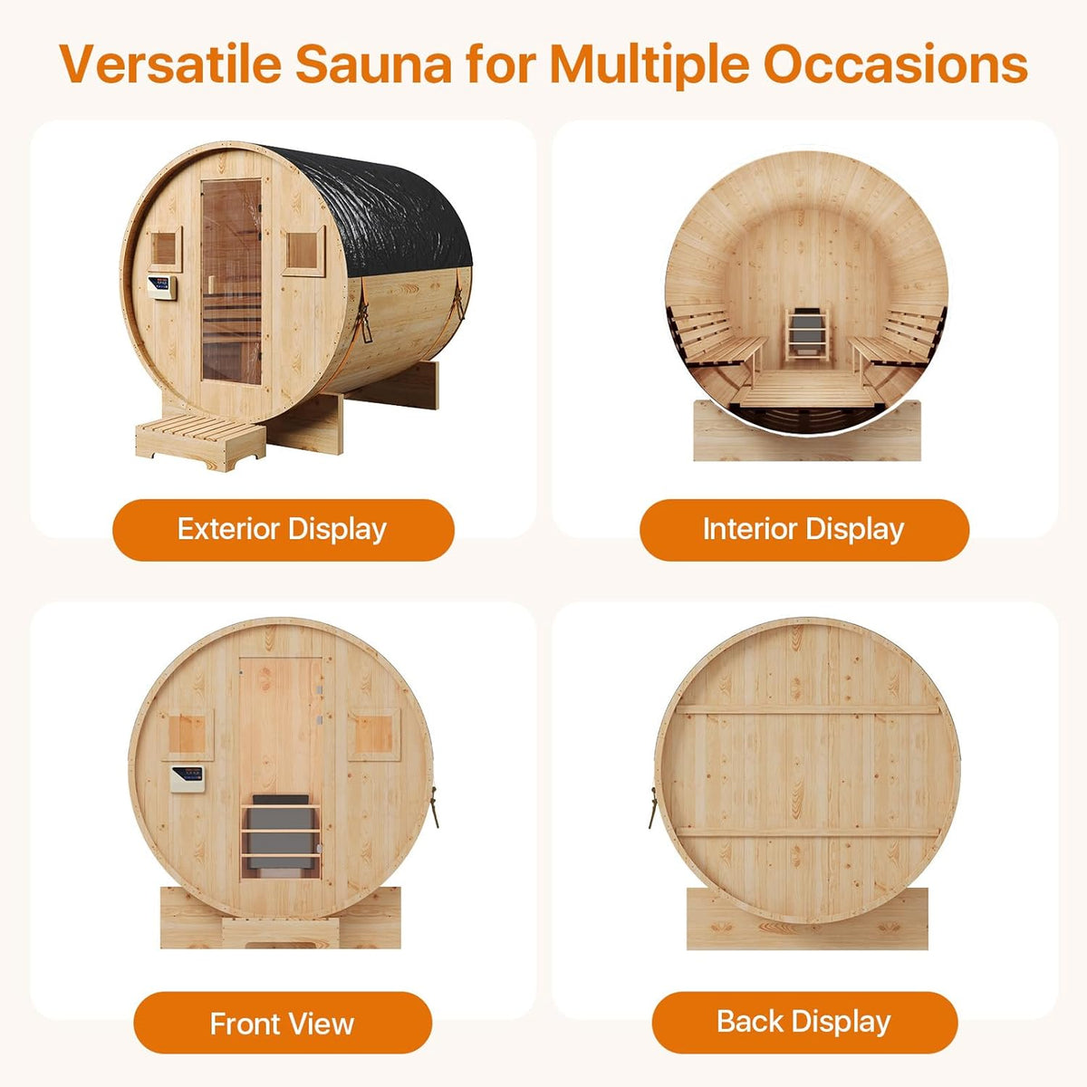 Outdoor Barrel Sauna Built for 4-6 People, 6KW Electric Heater, Solid Wood Construction, 220V Power — product view 7