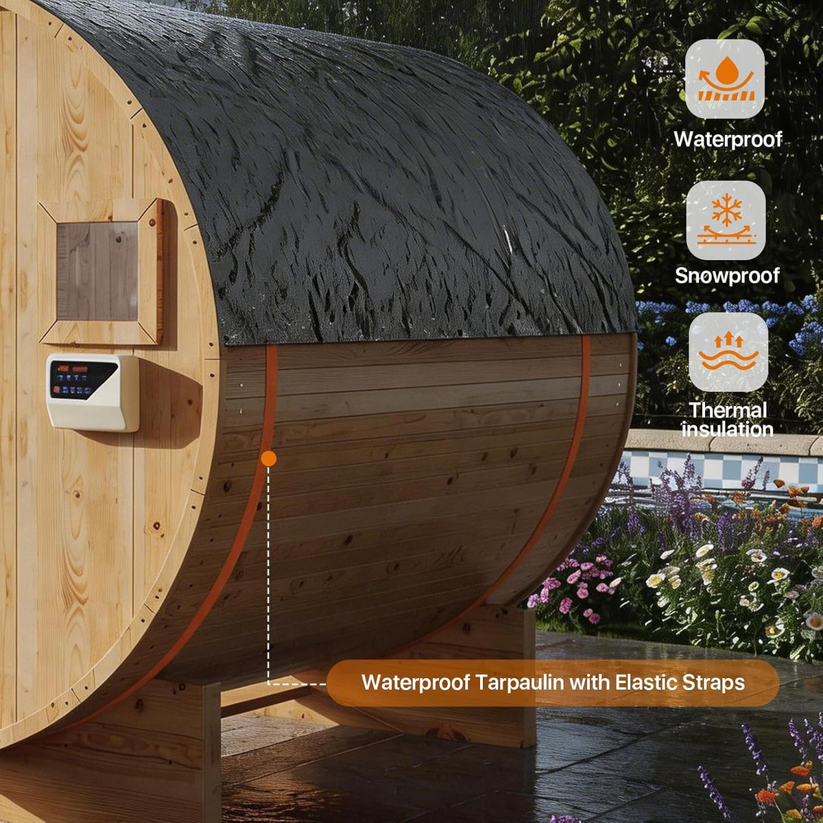 Outdoor Barrel Sauna Built for 4-6 People, 6KW Electric Heater, Solid Wood Construction, 220V Power — product view 9