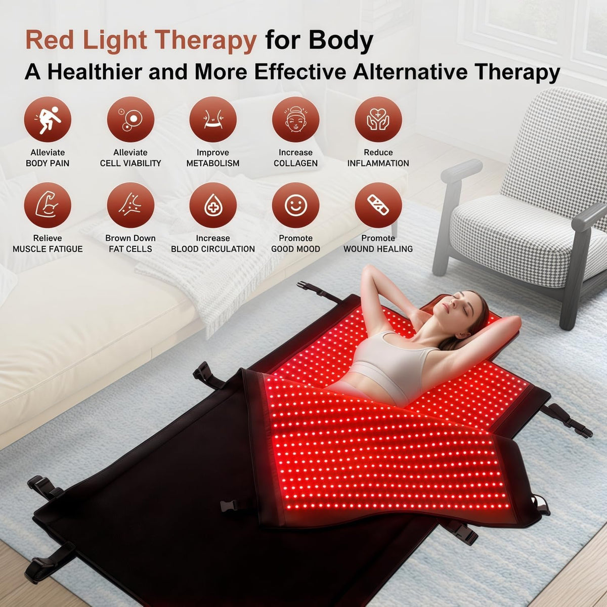 Red Light Therapy Mat for Full Body Pain Relief 75" X 35'' | Infrared Red Light Therapy Blanket for Face and Body with 2570 Dual-Wave Leds (660Nm & 850Nm) — product view 4