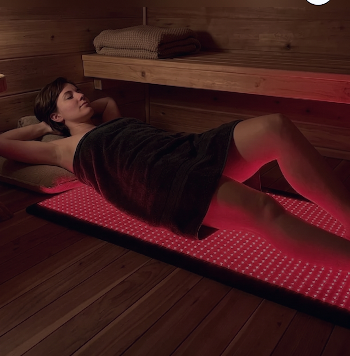 Warm cedar and red light, one quiet ritual.