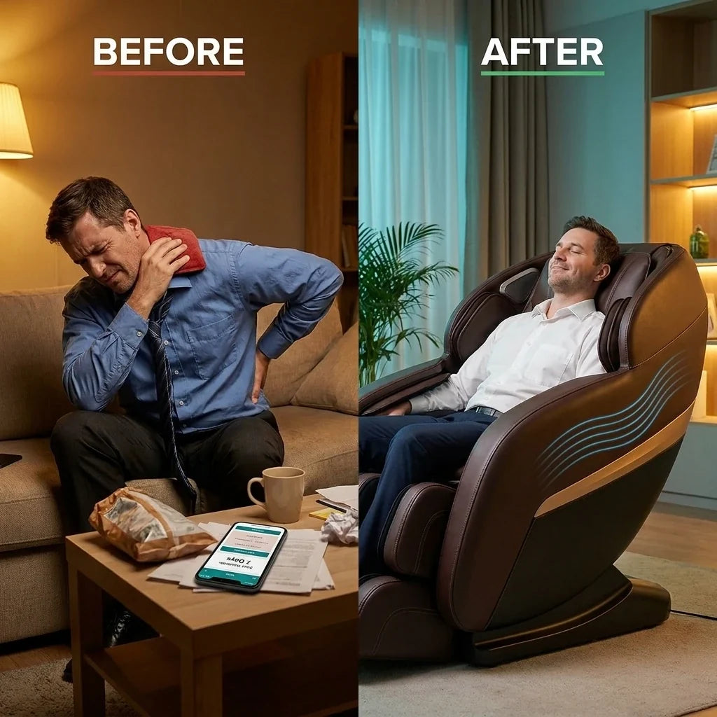 Jin Espresso Synthetic Leather SL Track Massage Chair — Before & After