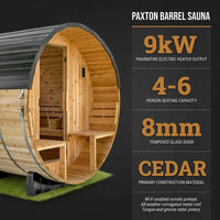 Outdoor Barrel Sauna Built for Home Wellness, Cedar Construction, 9kW Electric Heater, WiFi Control Panel — Results & Stats