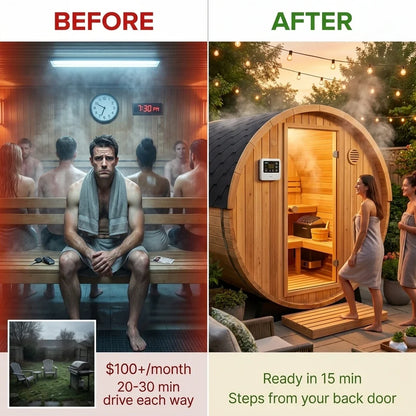 Outdoor Traditional Barrel Sauna | 4-6 Person Wood Sauna, Steam and Wet Sauna with 220V with 6KW Electric Heater, Sauna Stone — Before & After