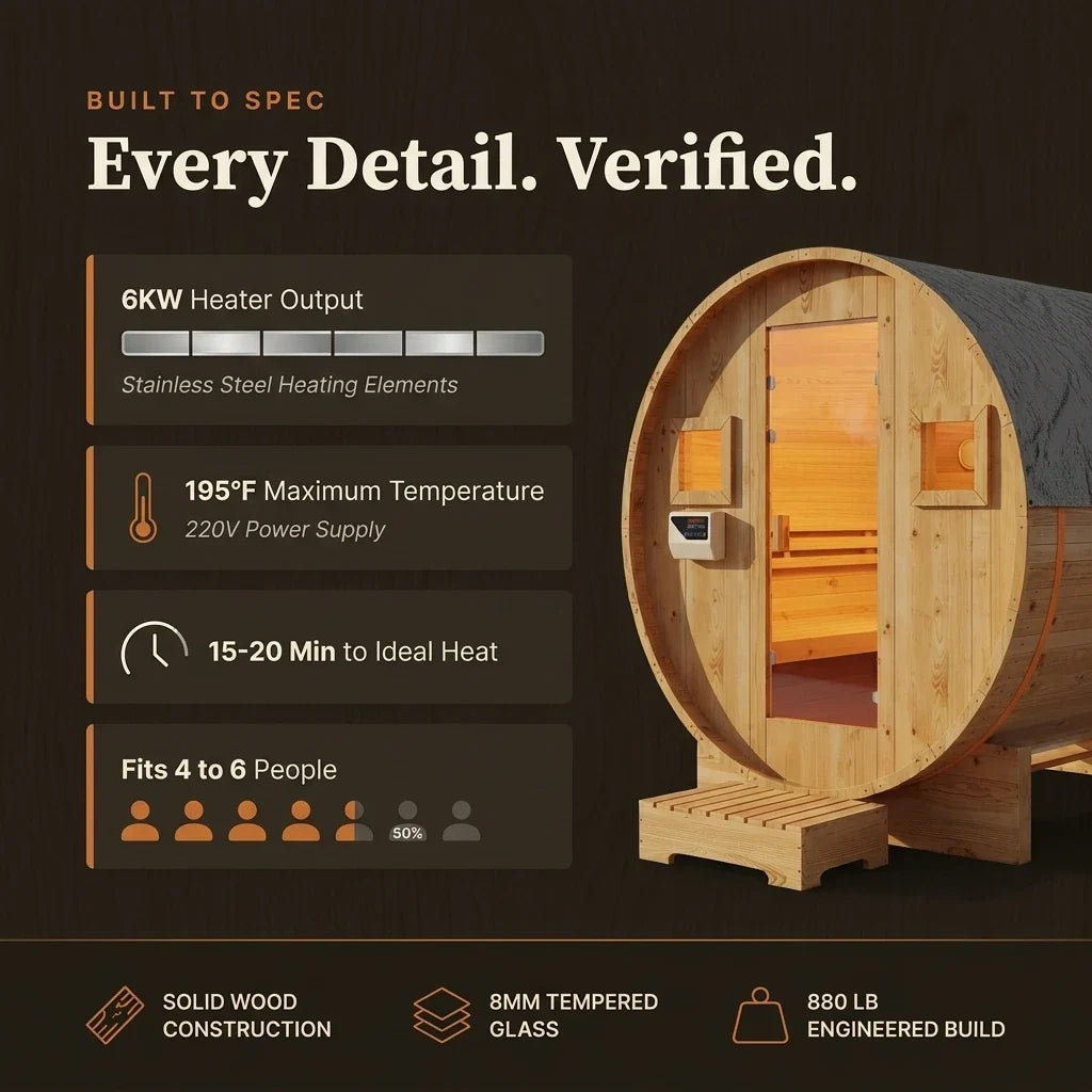 Outdoor Traditional Barrel Sauna | 4-6 Person Wood Sauna, Steam and Wet Sauna with 220V with 6KW Electric Heater, Sauna Stone — Results & Stats