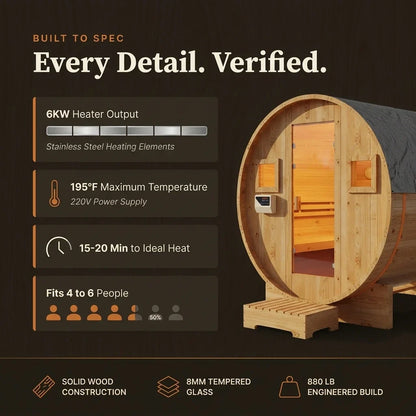 Outdoor Traditional Barrel Sauna | 4-6 Person Wood Sauna, Steam and Wet Sauna with 220V with 6KW Electric Heater, Sauna Stone — Results & Stats