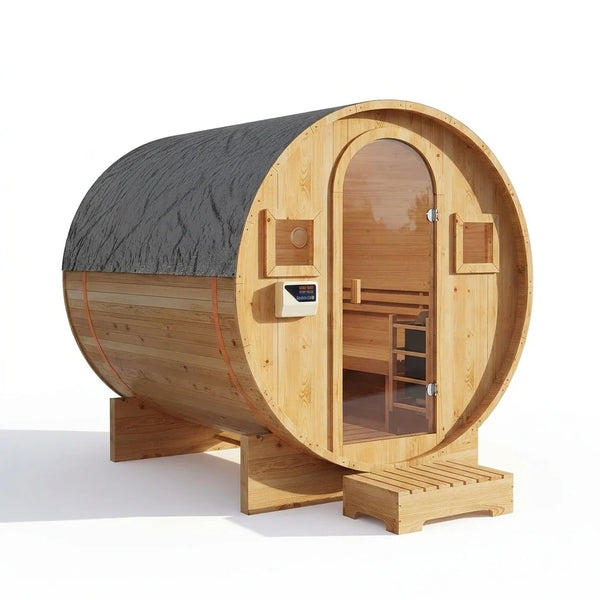 Outdoor Traditional Barrel Sauna | 4-6 Person Wood Sauna, Steam and Wet Sauna with 220V with 6KW Electric Heater, Sauna Stone — Studio Shot