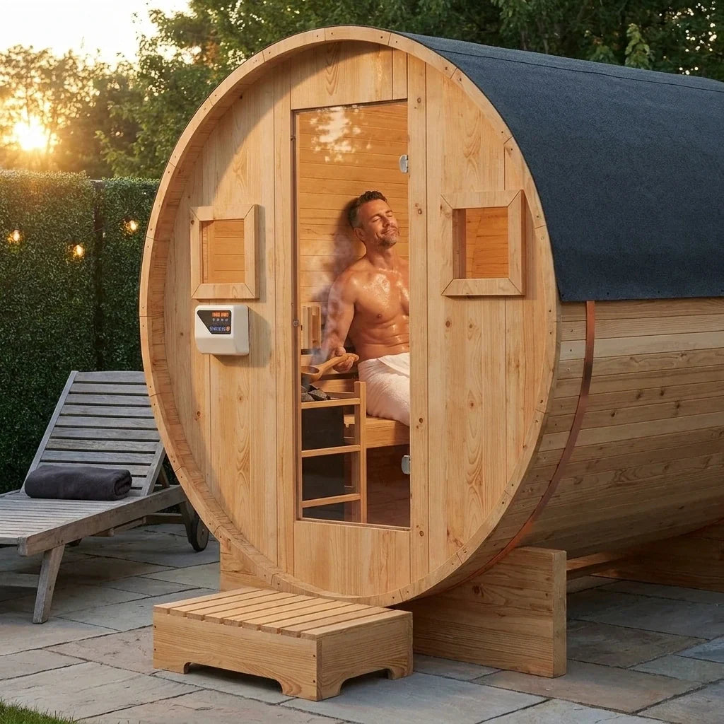 Outdoor Traditional Barrel Sauna | 4-6 Person Wood Sauna, Steam and Wet Sauna with 220V with 6KW Electric Heater, Sauna Stone — Lifestyle