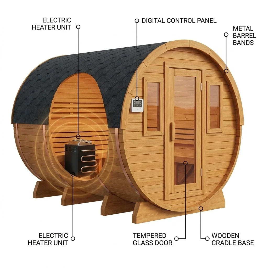 Outdoor Traditional Barrel Sauna | 4-6 Person Wood Sauna, Steam and Wet Sauna with 220V with 6KW Electric Heater, Sauna Stone — How It Works
